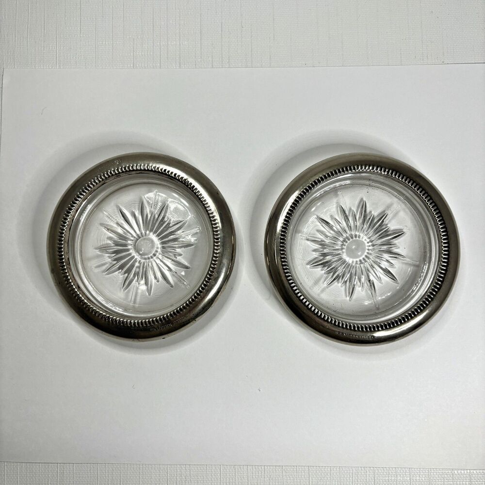 Vintage Mid Century Silverplate Leonard Coasters Crystal Starburst Signed Set 2
